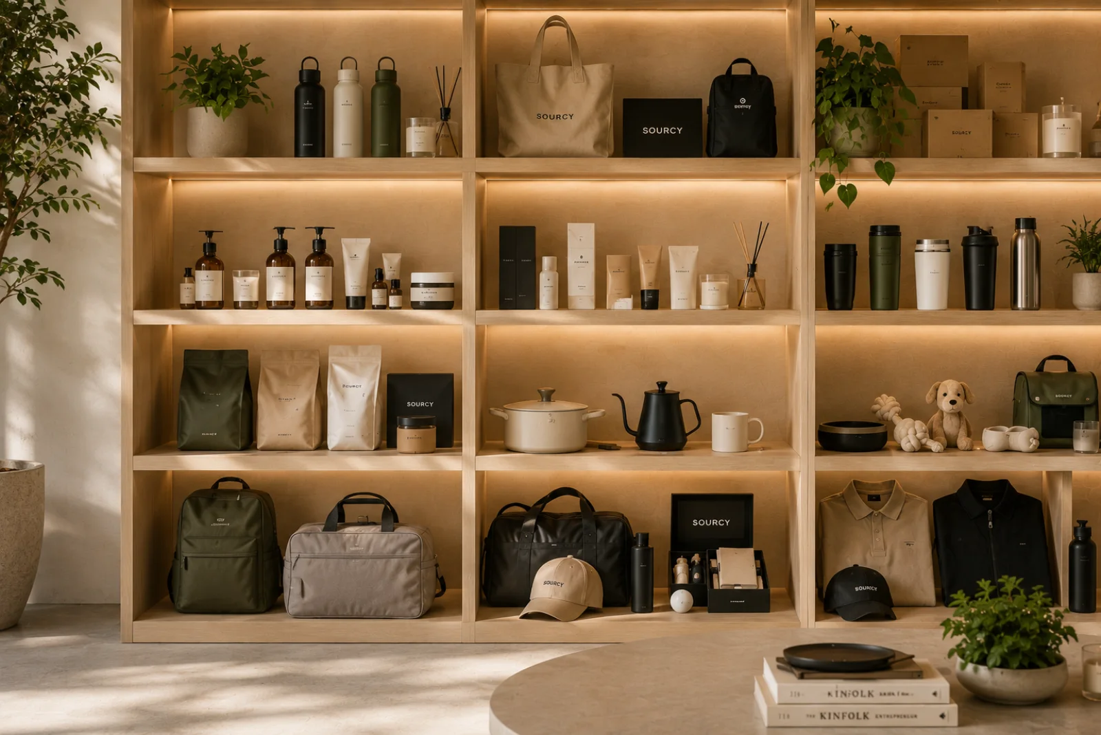 Sourcy-sourced consumer products displayed on warm wooden shelves