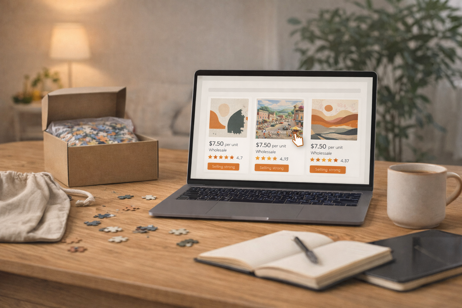 Laptop displaying Sourcy puzzle sourcing platform on a workspace desk with jigsaw puzzle pieces and packaging