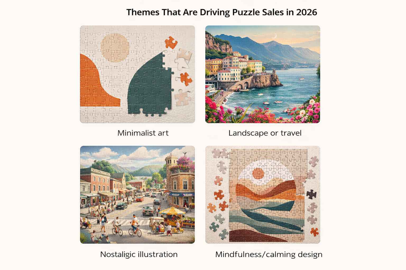Themes driving puzzle sales in 2026: minimalist art, landscape and travel, nostalgic illustration, mindfulness and calming design
